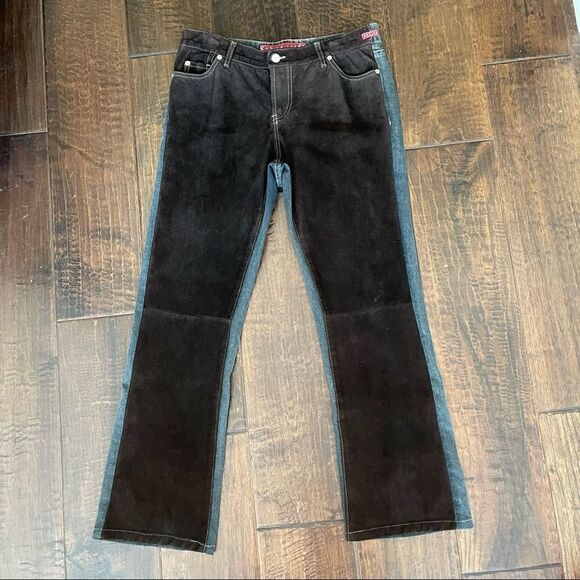 Y2K Vintage Fuzion Pouttana Brown Suede Front Jean Two Tone Straight Jeans Sz 12 - Picture 5 of 15